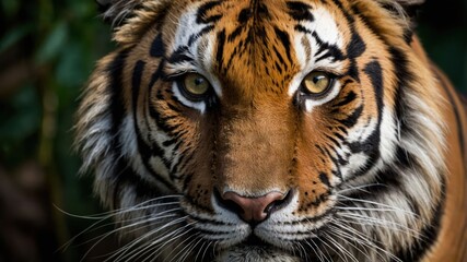 Close-up of a majestic tiger with striking eyes and detailed fur patterns.