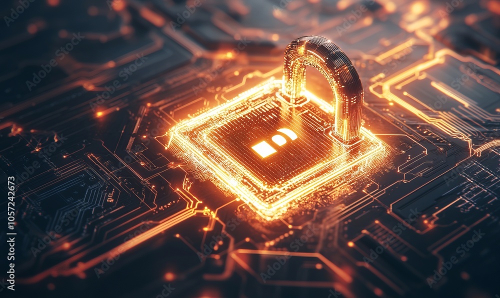 Poster a glowing digital padlock symbolizing cybersecurity and data protection on a futuristic circuit back