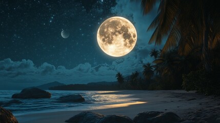 Naklejka premium Bright summer full moon illuminating the night sky over a tropical beach, generative ai