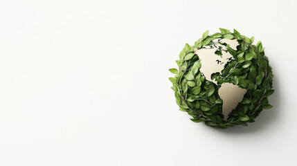 Creative representation of Earth with continents cut out from cardboard surrounded by lush green leaves on a white background, symbolizing environmental conservation and sustainability.