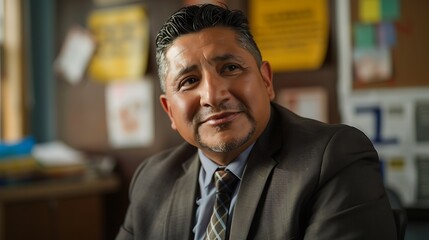 Obraz premium A man in a suit smiling thoughtfully in an office setting.