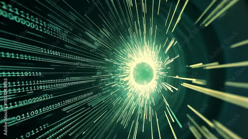 Poster a bright light shines in the center of a tunnel formed by green binary code