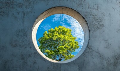 A scenic view through a circular opening, showcasing a blue sky and vibrant green tree, symbolizing nature and tranquility