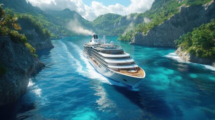 Fototapeta premium A cruise ship navigating through a tropical landscape and clear waters.