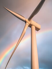 A close-up of wind turbine blades with a rainbow in the background after a light rain shower, captured from a low angle