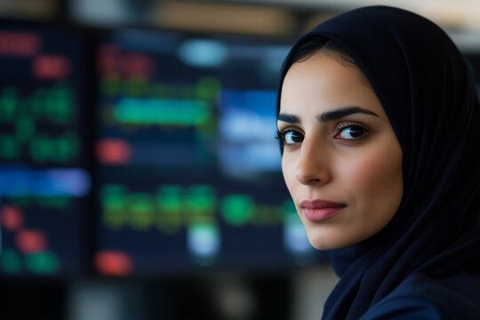 Confident Businesswoman in Hijab Analyzing Data on Digital Screens Reflecting Modern Financial Trends