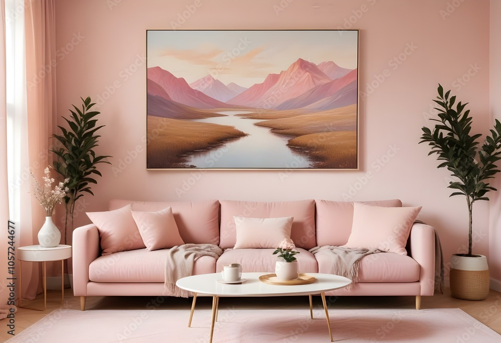 Wall mural modern interior poster frame mockup in contemporary living room - 3d render