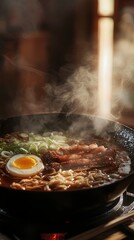 Ramen noodles in a rich broth with egg, pork belly, and scallions, steam rising, moody lighting