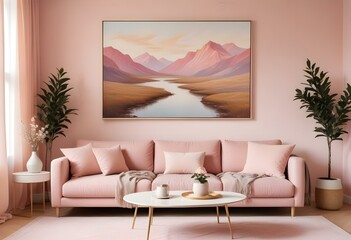 Modern Interior Poster Frame Mockup in Contemporary Living Room - 3D Render