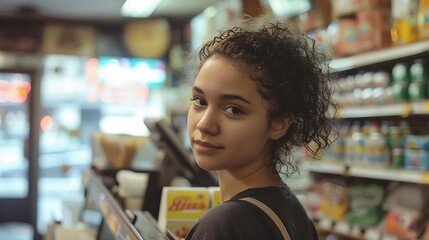 A young person in a store, looking back with a thoughtful expression amidst shelves of products.
