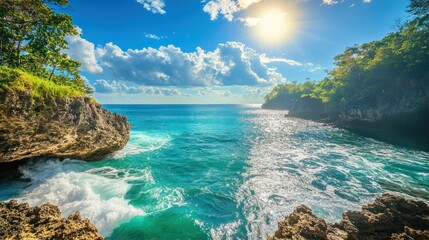 Shimmering turquoise water with powerful waves, intense sun reflection over a tropical coastline