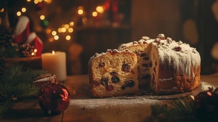 Traditional Italian panettone with a light dusting of powdered sugar, sliced to show golden, fluffy texture with dried fruits, surrounded by Christmas decorations, cozy low lighting