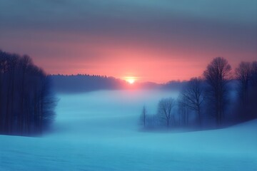 Fototapeta premium Extensive winter landscape in the morning mist, gentle wafts of mist, mystical atmosphere