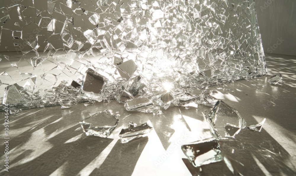 Poster shattered glass fragments scattered randomly creating a reflective surface under soft light in an in