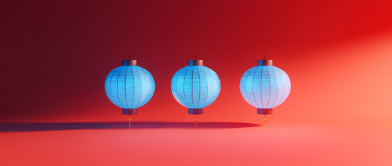 Obraz premium Isometric 3D Render of Blue Chinese Lanterns on Red Background High-quality isometric view of three blue Chinese lanterns against a vibrant red background, rendered in C4D, Blender 4k, Generative AI.
