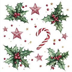 Elegant Christmas element set with holly leaves, candy canes, and stars, watercolor texture, isolated on white, festive and bright, isolated on white background, watercolor style
