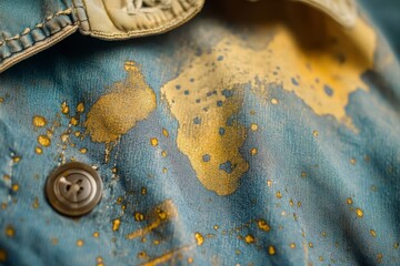 dirty food mark on clothes, Close-up food stain dirt on the shirt prepare cleaning mark removal before laundry, Generative AI