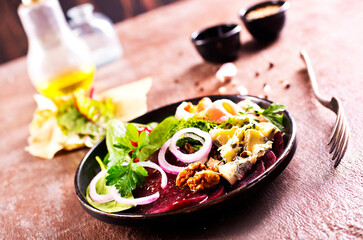 beetroot salad with cheese, walnuts, onion