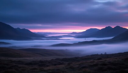 wallpaper background landscape panorama, misty highlands lake and mountains