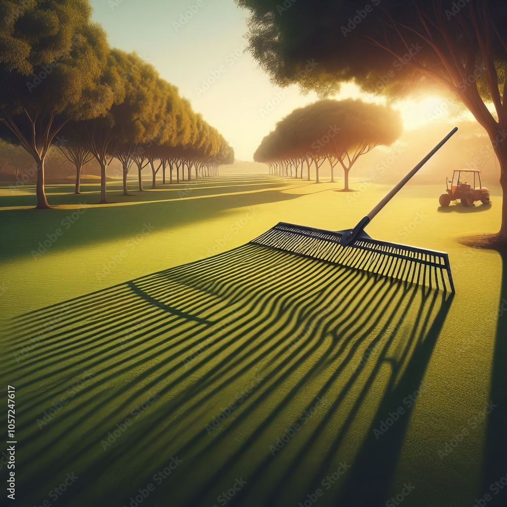 Poster rake shadow the forked pattern of a rake across a lawn