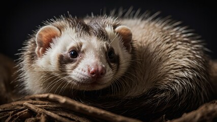A close-up of a ferret resting on a bed of straw, showcasing its unique features.