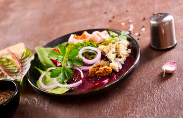 beetroot salad with cheese, walnuts, onion