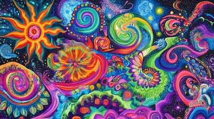 Vibrant Bohemian Tapestry with Swirling Patterns and Dynamic Vibe in Sharp Focus