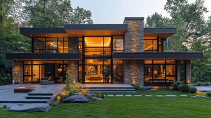 Naklejka premium Modern two-story house with large windows and landscaped yard.
