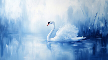 Obraz premium Beautiful white swan swimming in water. Fine art nature with wild bird and river. Animal wildlife wallpaper background