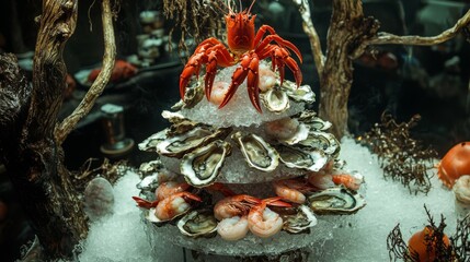 Seafood pyramid with oysters, shrimp, and crab claws, displayed on ice