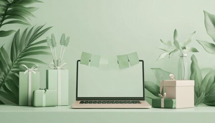 Laptop on a table with Green Monday sale banner, ecofriendly gifts displayed around, isolated on white background, watercolor style