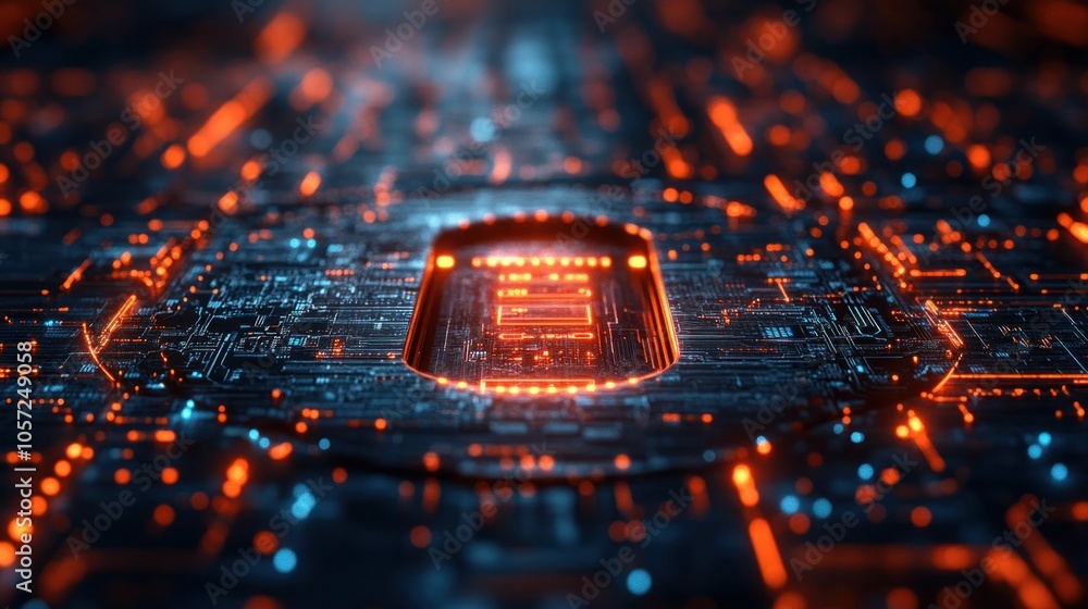 Poster futuristic circuit board with glowing elements and intricate design.