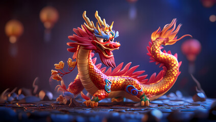 Obraz premium Floral Majesty: A Colorful 3D Dragon in Red and Gold 4k, Generative AI.