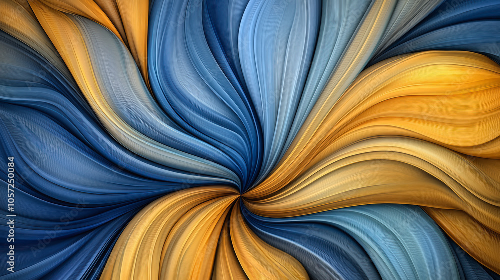 Poster abstract swirl of blue and gold hues, creating a dynamic flow with wavy textures. a captivating blen