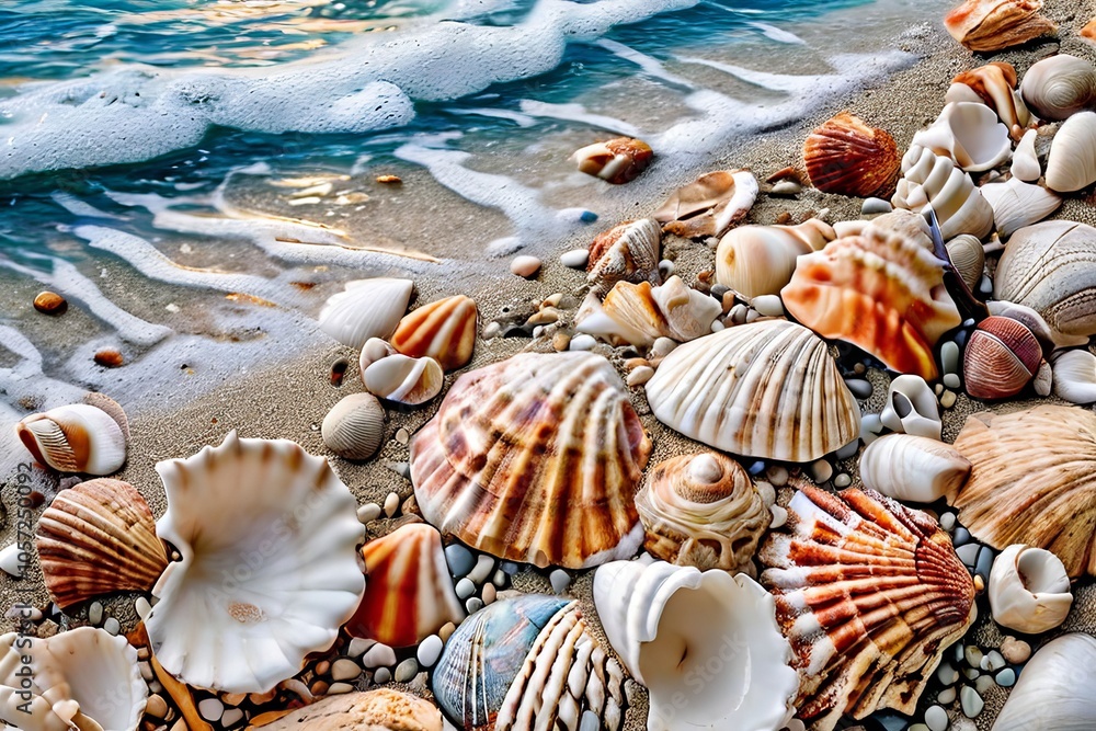 Poster seashell mosaic a beach with a mosaic of seashells and other bea