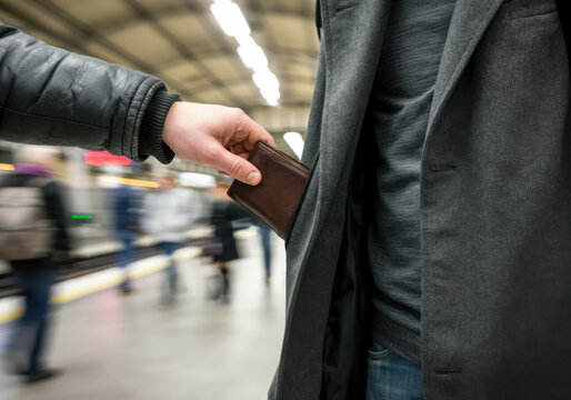 A pickpocket targets an unsuspecting passenger in a crowded subway station during rush hour