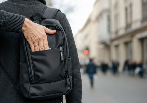 hief&rsquo;s hand stealing from front pocket of a briefcase in urban setting during daytime