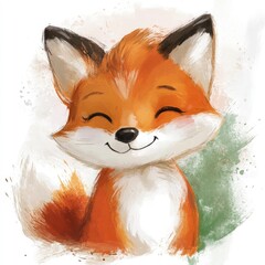Obraz premium Adorable cartoon fox, watercolor style, smiling on a white background