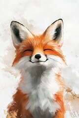 Fototapeta premium Adorable cartoon fox, watercolor style, smiling on a white background