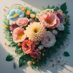 Floral bouquet in the shape of a heart. summer wildflowers are gathered in an exquisite delicate bouquet. grass, beads, leaves, twigs. White background soft light