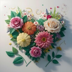 Embriodered floral bouquet in the shape of a heart. Crocheted summer wildflowers are gathered in an exquisite delicate bouquet. grass, beads, leaves, twigs.