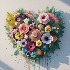 Embriodered floral bouquet in the shape of a heart. Crocheted summer wildflowers are gathered in an exquisite delicate bouquet. grass, beads, leaves, twigs.