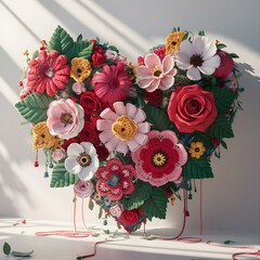 Embriodered floral bouquet in the shape of a heart. Crocheted summer wildflowers are gathered in an exquisite delicate bouquet. grass, beads, leaves, twigs.