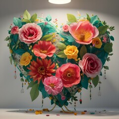 Floral bouquet in the shape of a heart. summer wildflowers are gathered in an exquisite delicate bouquet. grass, beads, leaves, twigs. White background soft light