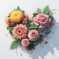 Embriodered floral bouquet in the shape of a heart. Crocheted summer wildflowers are gathered in an exquisite delicate bouquet. grass, beads, leaves, twigs.