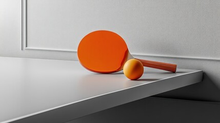 A vibrant ping pong paddle and ball on a sleek surface.