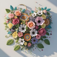 Embriodered floral bouquet in the shape of a heart. Crocheted summer wildflowers are gathered in an exquisite delicate bouquet. grass, beads, leaves, twigs.