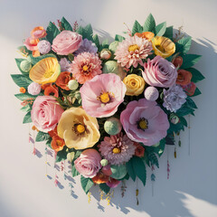 Floral bouquet in the shape of a heart. summer wildflowers are gathered in an exquisite delicate bouquet. grass, beads, leaves, twigs
