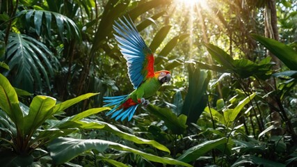 A vibrant parrot in flight amidst lush tropical foliage and sunlight.