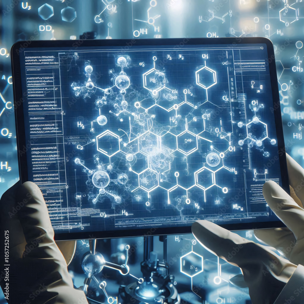 Poster a scientist, immersed in a digital world, explores the intricate patterns of molecular structures